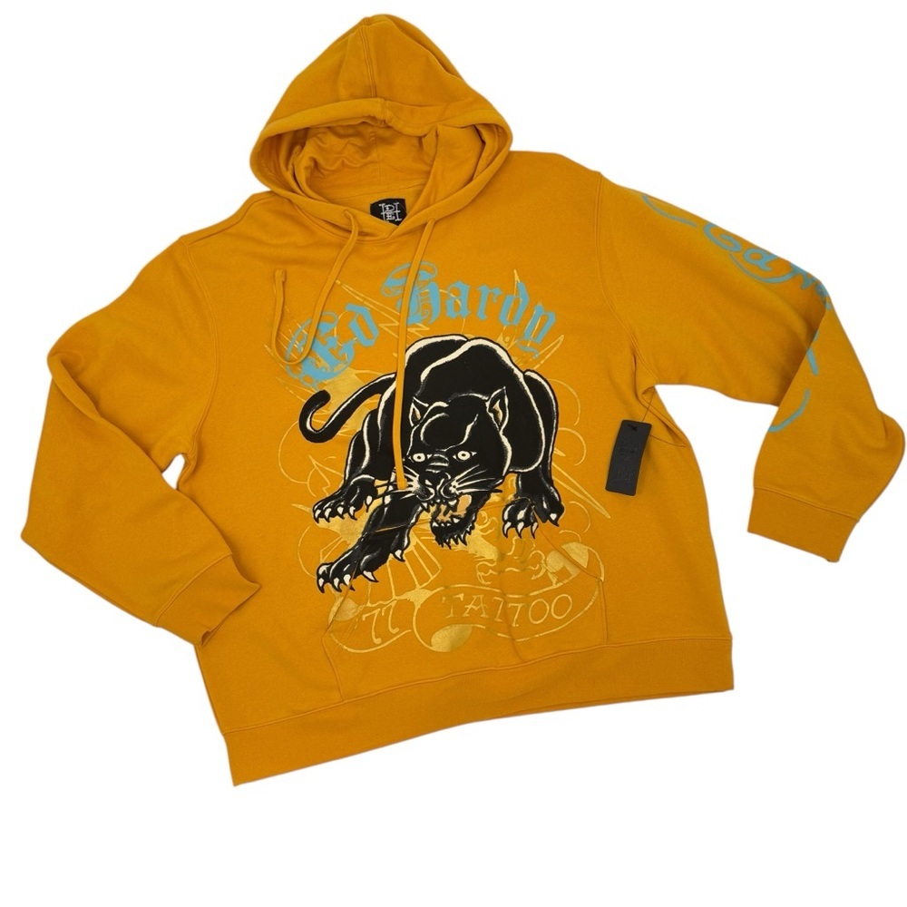 ED Hardy Men’s Size XXL yellow gold panther hoodie NWT